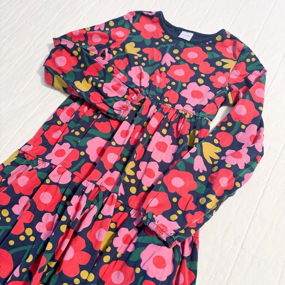 Hanna Andersson Girls Rosey Posey Floral Dress 140 US 10 Cotton Long Sleeve
